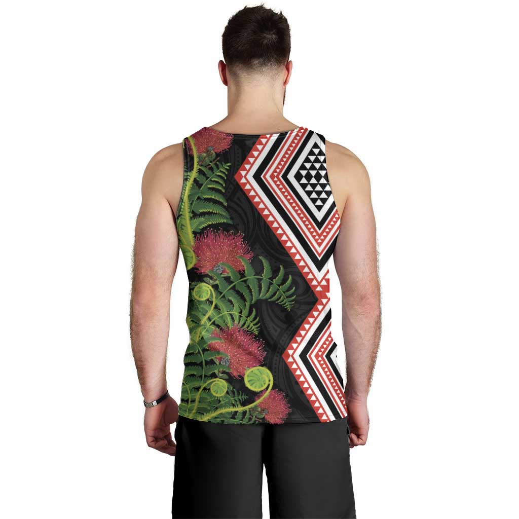Aotearoa Tukutuku Motif Men Tank Top Pohutukawa and Fern Leaves