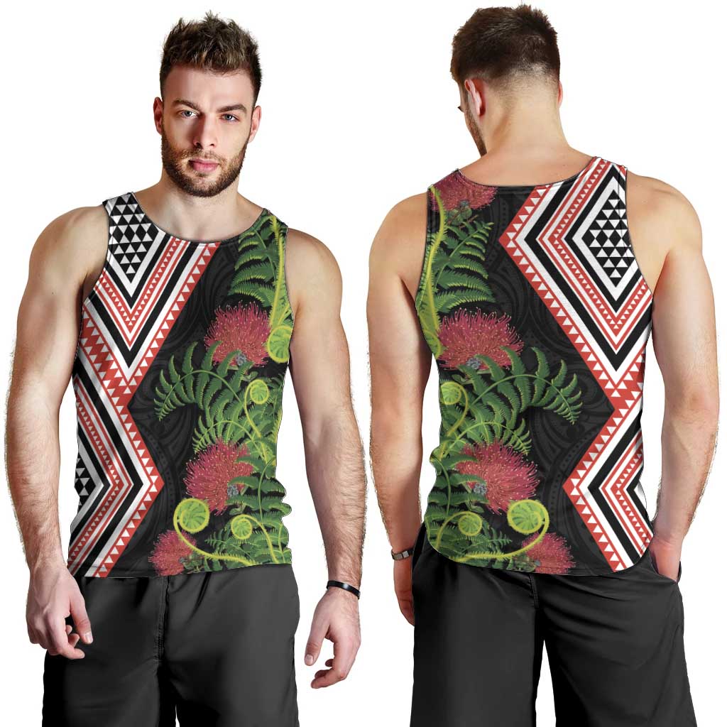 Aotearoa Tukutuku Motif Men Tank Top Pohutukawa and Fern Leaves