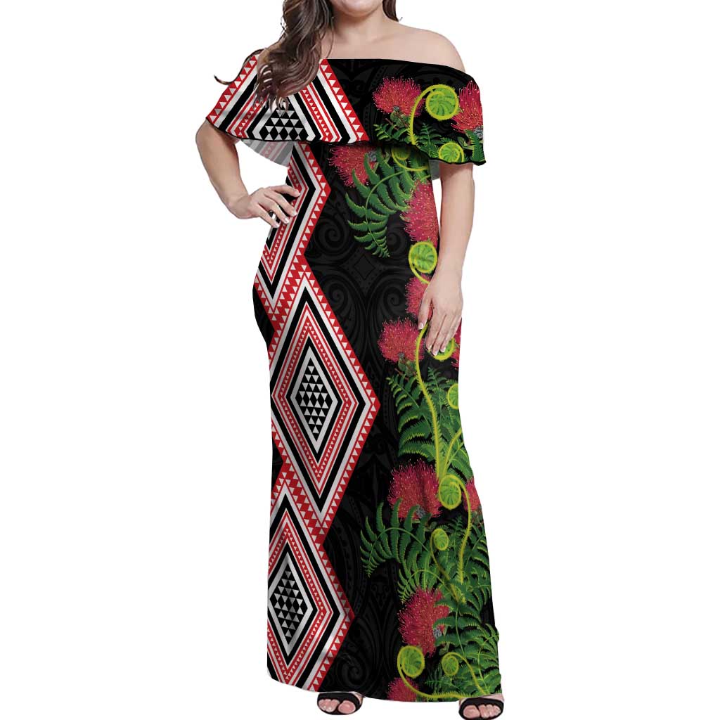 Aotearoa Tukutuku Motif Off Shoulder Maxi Dress Pohutukawa and Fern Leaves