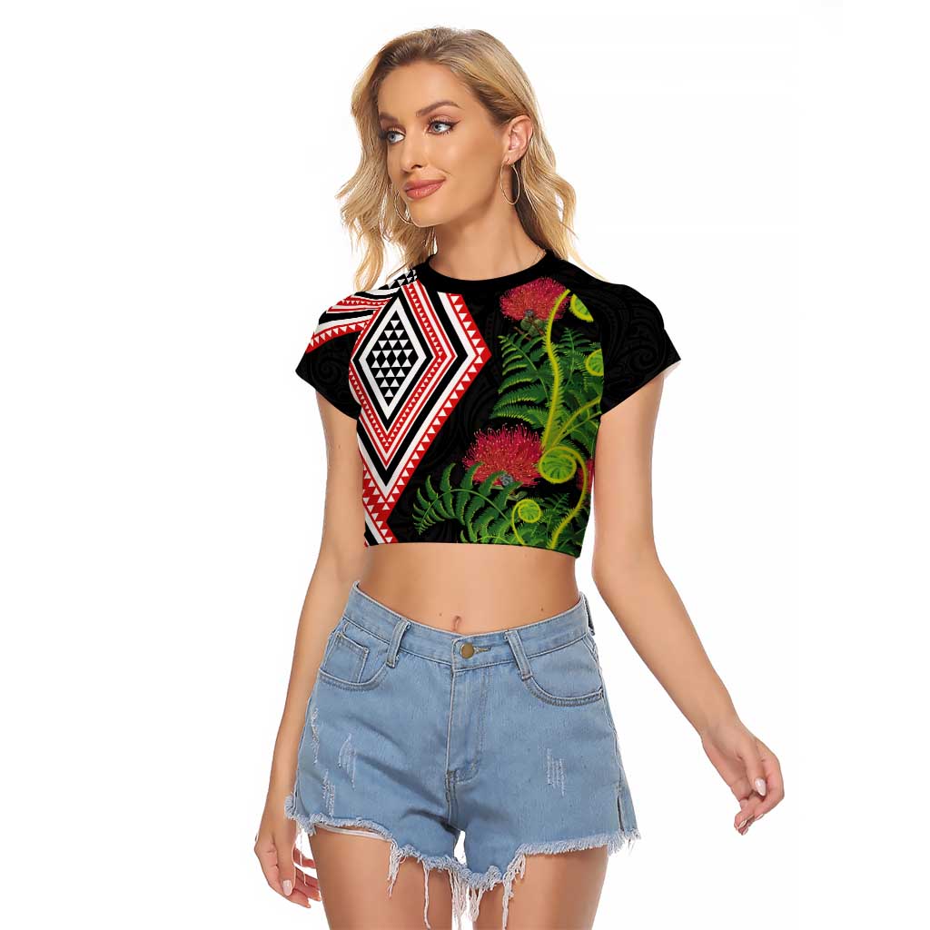 Aotearoa Tukutuku Motif Raglan Cropped T Shirt Pohutukawa and Fern Leaves