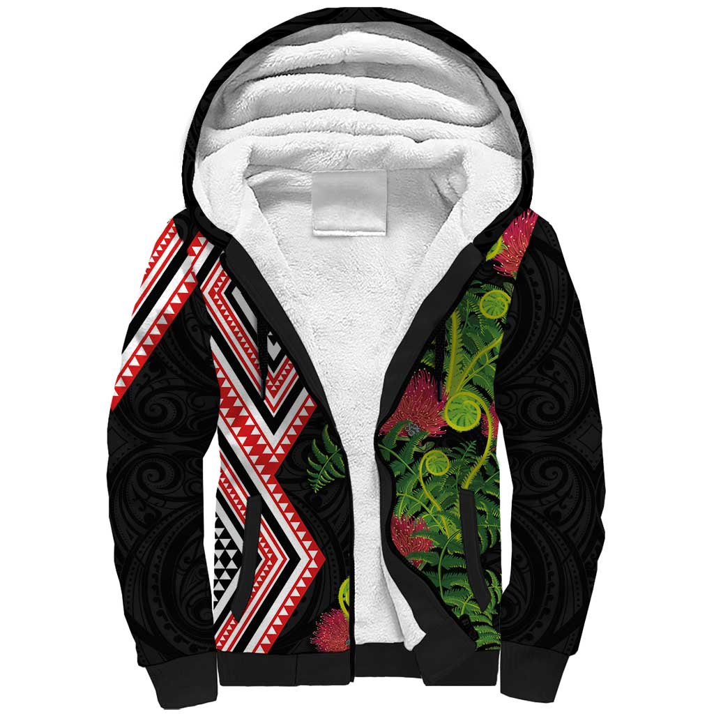 Aotearoa Tukutuku Motif Sherpa Hoodie Pohutukawa and Fern Leaves LT03 Unisex Black - Polynesian Pride