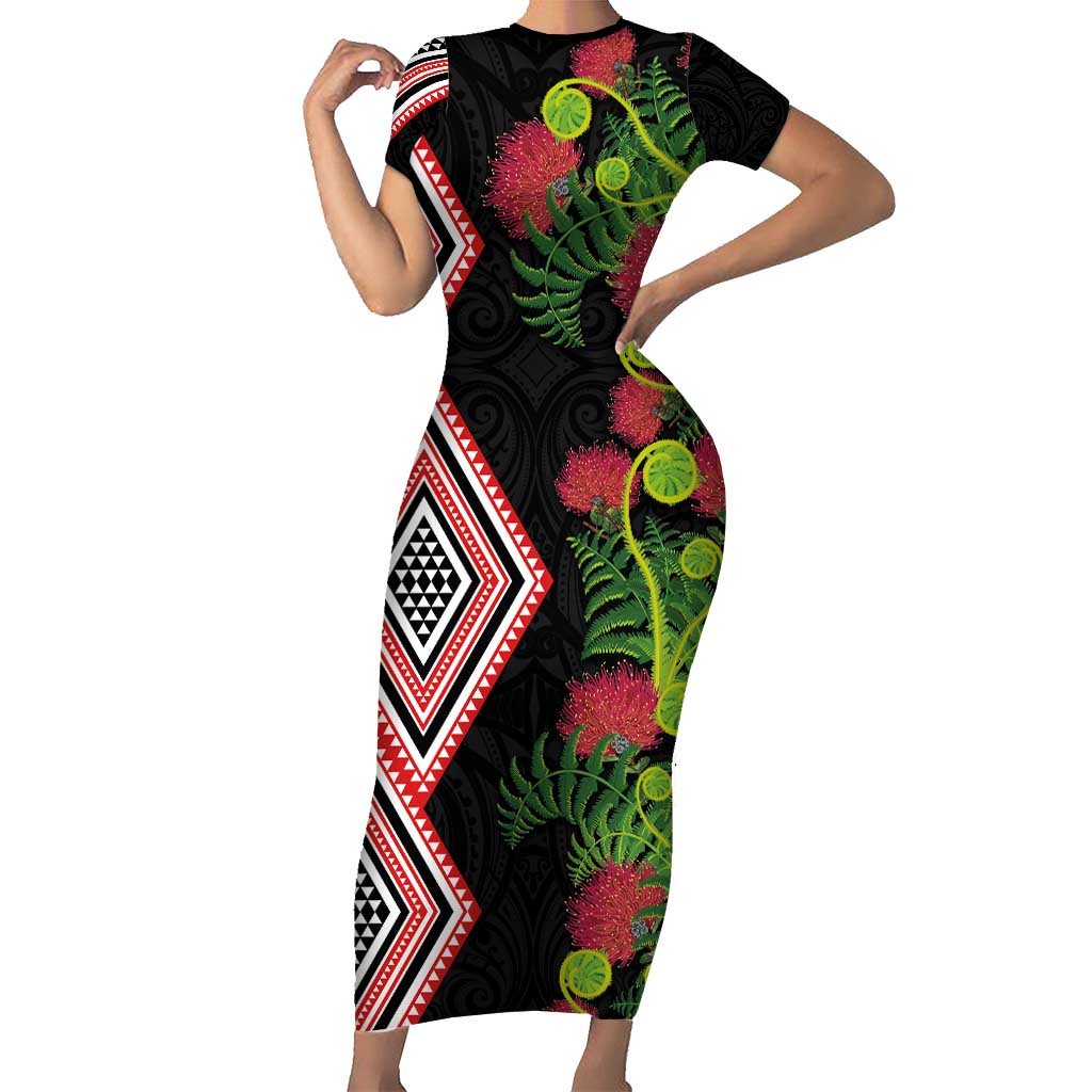 Aotearoa Tukutuku Motif Short Sleeve Bodycon Dress Pohutukawa and Fern Leaves LT03 Long Dress Black - Polynesian Pride