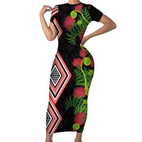 Aotearoa Tukutuku Motif Short Sleeve Bodycon Dress Pohutukawa and Fern Leaves LT03 Long Dress Black - Polynesian Pride