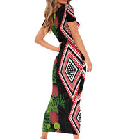 Aotearoa Tukutuku Motif Short Sleeve Bodycon Dress Pohutukawa and Fern Leaves LT03 - Polynesian Pride