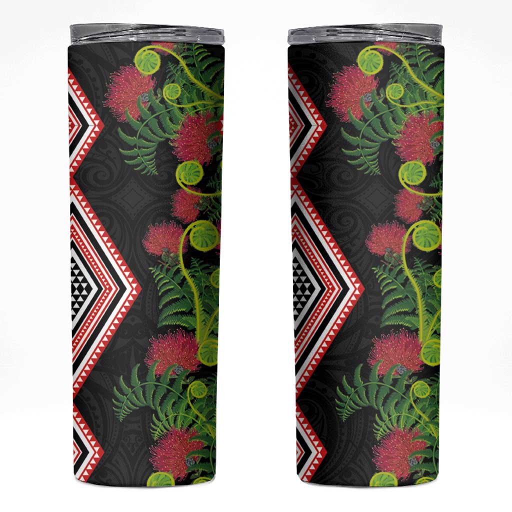 Aotearoa Tukutuku Motif Skinny Tumbler Pohutukawa and Fern Leaves LT03 Black - Polynesian Pride