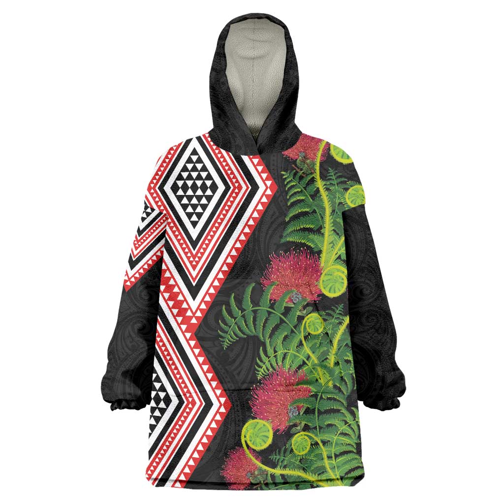 Aotearoa Tukutuku Motif Wearable Blanket Hoodie Pohutukawa and Fern Leaves LT03 One Size Black - Polynesian Pride
