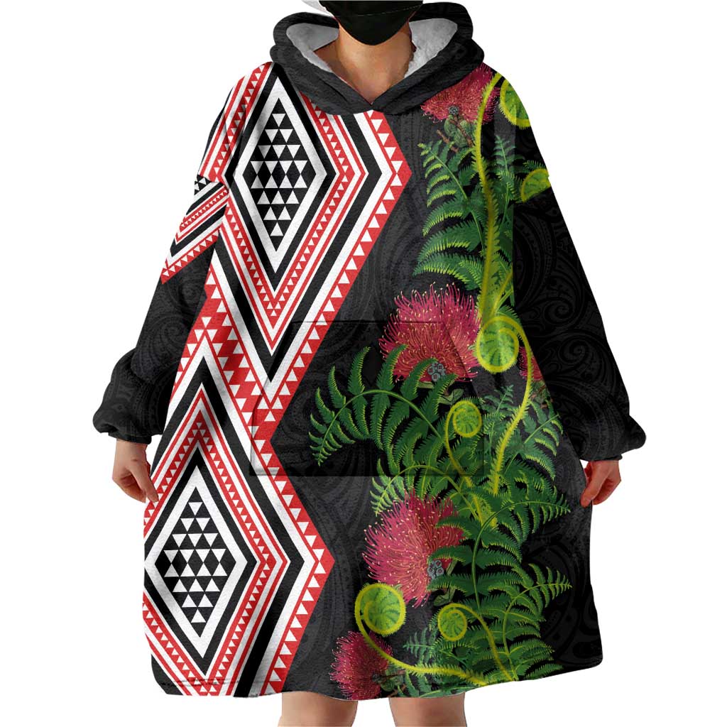 Aotearoa Tukutuku Motif Wearable Blanket Hoodie Pohutukawa and Fern Leaves LT03 - Polynesian Pride