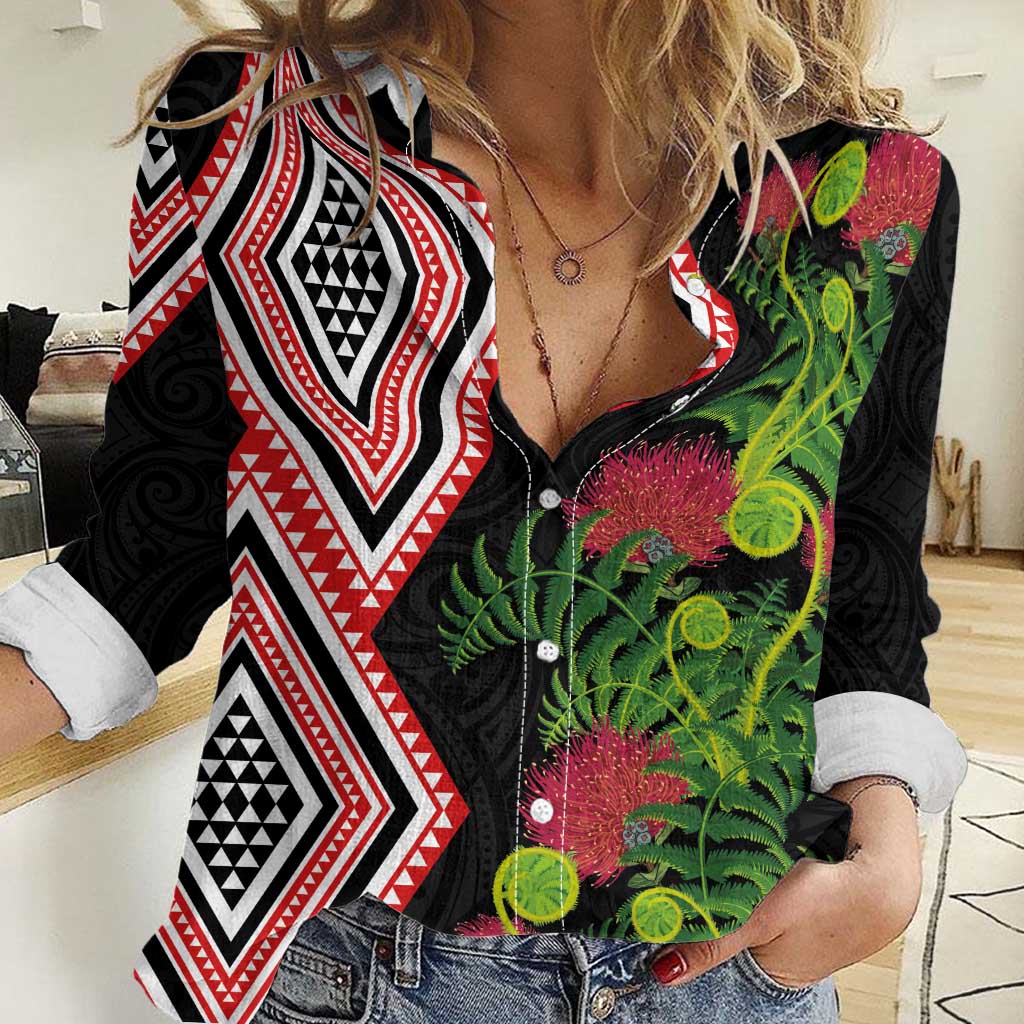 Aotearoa Tukutuku Motif Women Casual Shirt Pohutukawa and Fern Leaves LT03 Female Black - Polynesian Pride