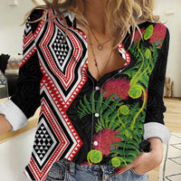 Aotearoa Tukutuku Motif Women Casual Shirt Pohutukawa and Fern Leaves LT03 Female Black - Polynesian Pride