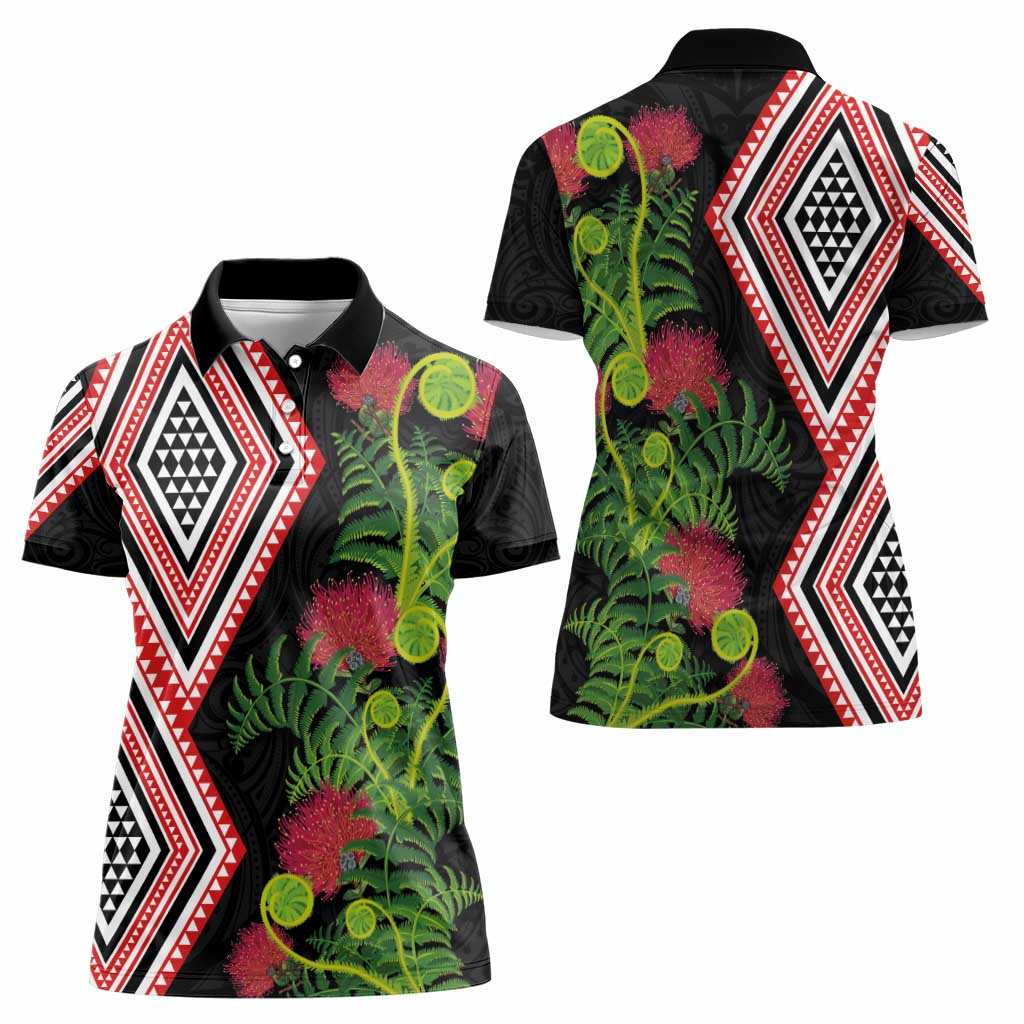 Aotearoa Tukutuku Motif Women Polo Shirt Pohutukawa and Fern Leaves LT03 - Polynesian Pride