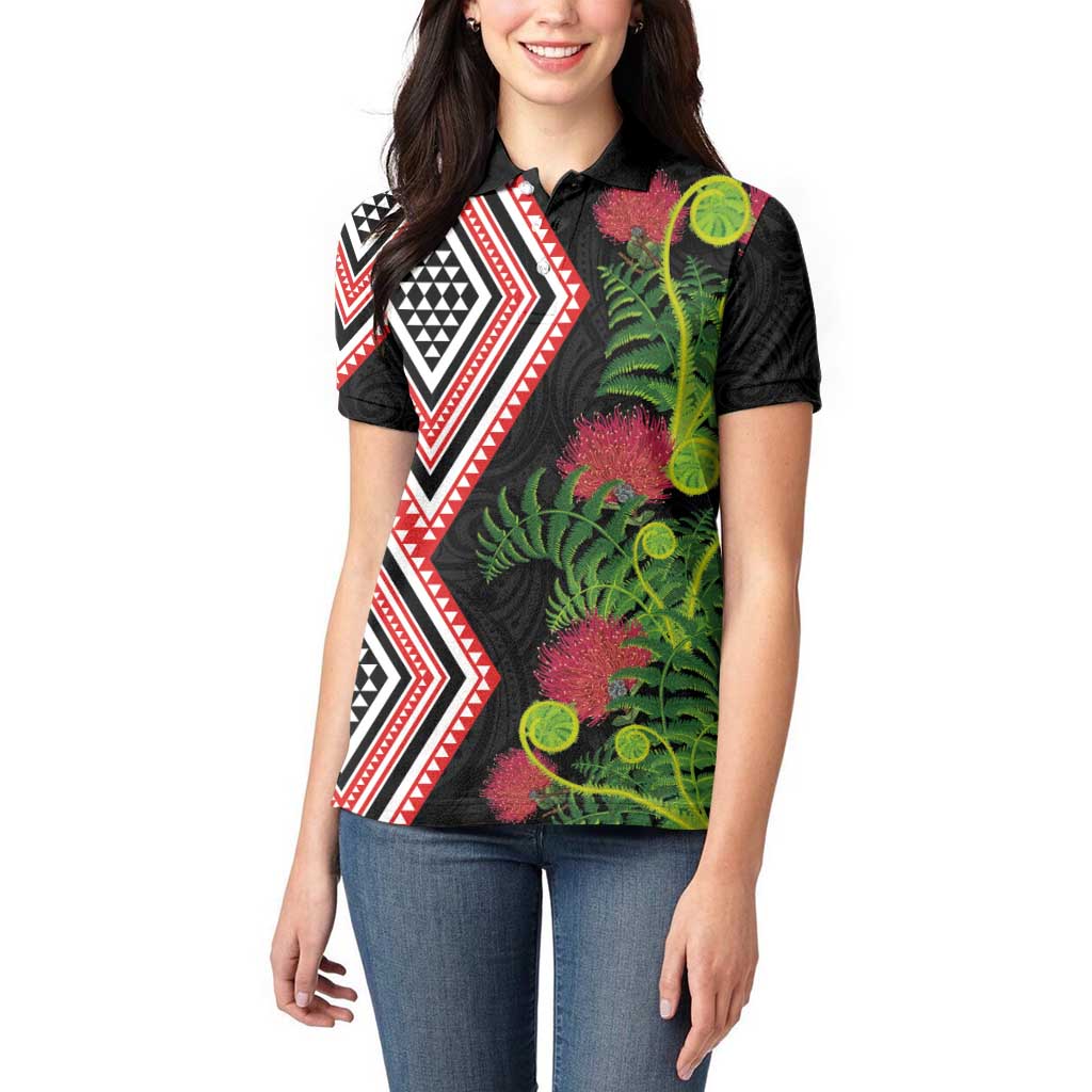 Aotearoa Tukutuku Motif Women Polo Shirt Pohutukawa and Fern Leaves LT03 - Polynesian Pride