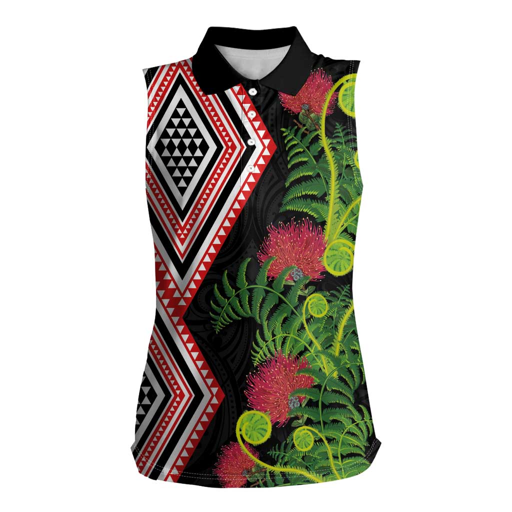 Aotearoa Tukutuku Motif Women Sleeveless Polo Shirt Pohutukawa and Fern Leaves