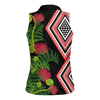 Aotearoa Tukutuku Motif Women Sleeveless Polo Shirt Pohutukawa and Fern Leaves