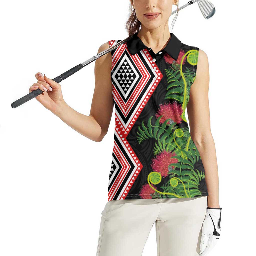 Aotearoa Tukutuku Motif Women Sleeveless Polo Shirt Pohutukawa and Fern Leaves