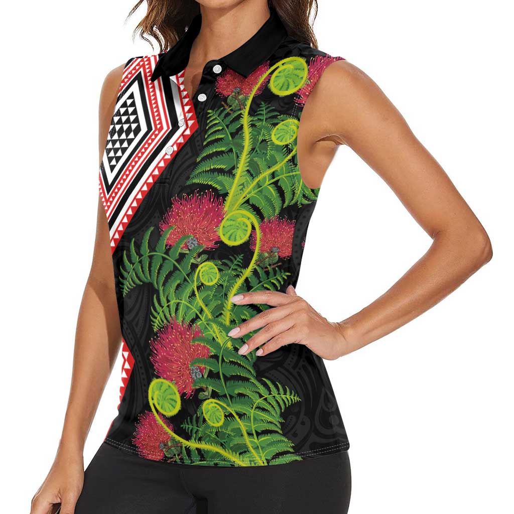 Aotearoa Tukutuku Motif Women Sleeveless Polo Shirt Pohutukawa and Fern Leaves