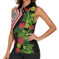 Aotearoa Tukutuku Motif Women Sleeveless Polo Shirt Pohutukawa and Fern Leaves