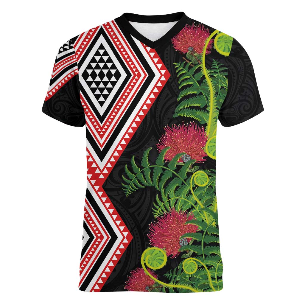 Aotearoa Tukutuku Motif Women V-Neck T-Shirt Pohutukawa and Fern Leaves