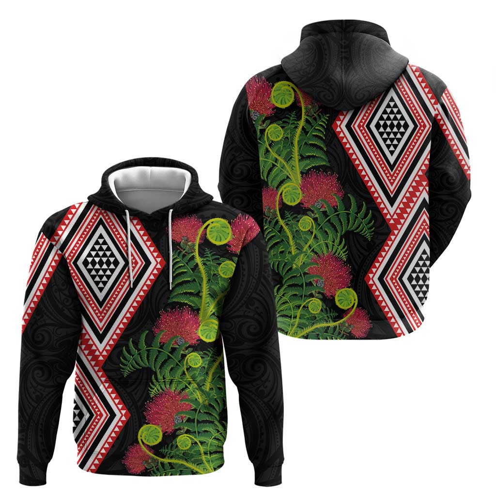 Aotearoa Tukutuku Motif Zip Hoodie Pohutukawa and Fern Leaves