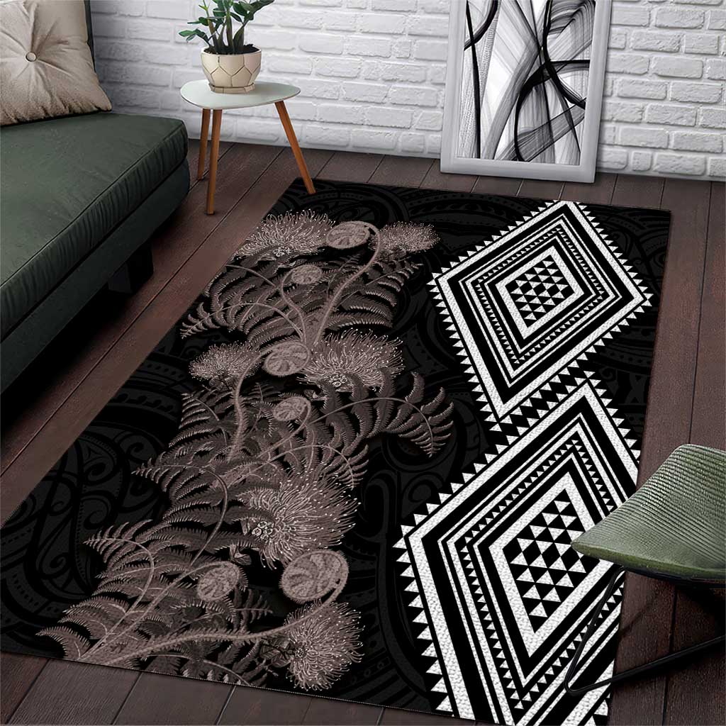 Aotearoa Tukutuku Motif Area Rug Pohutukawa and Fern Leaves Grayscale Color