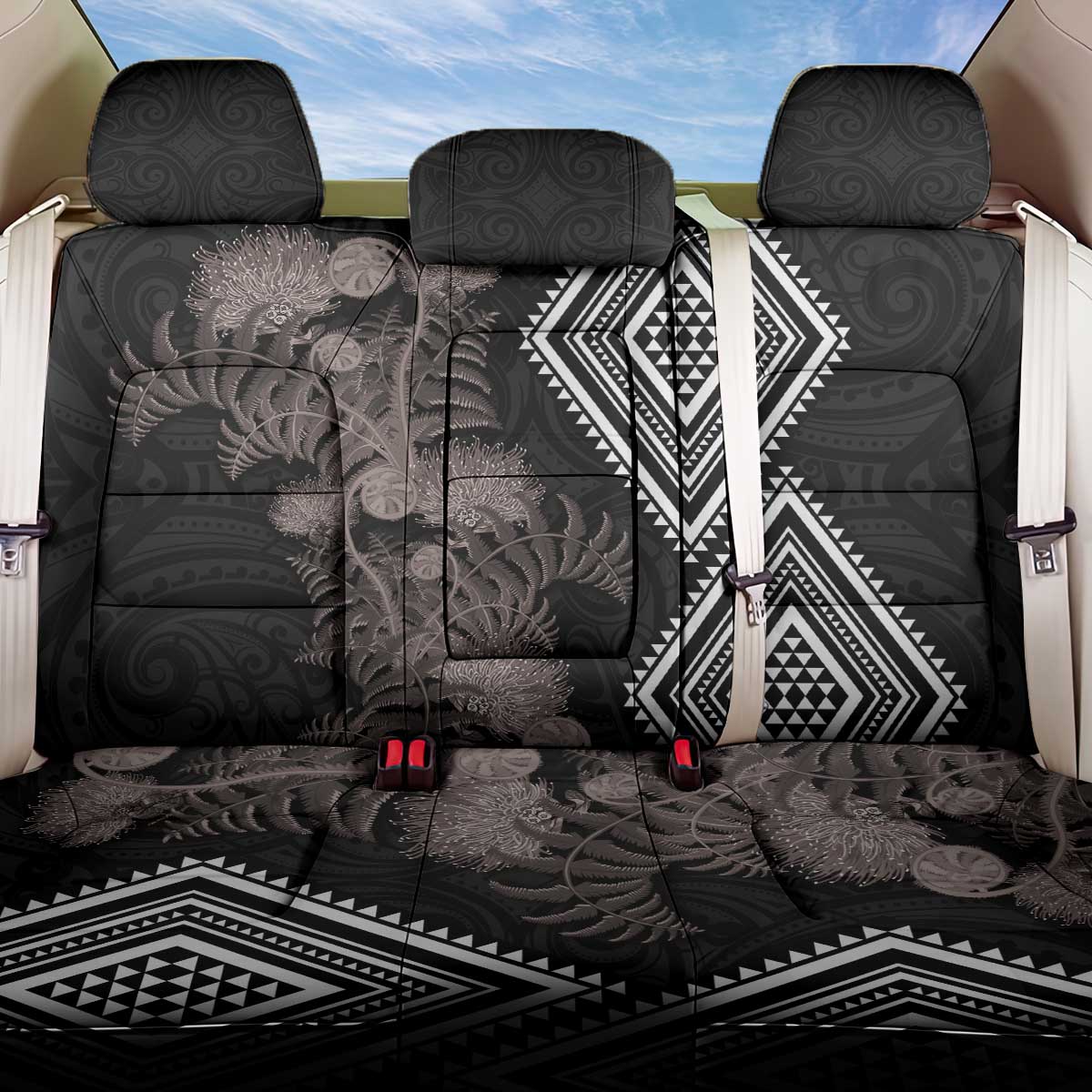 Aotearoa Tukutuku Motif Back Car Seat Cover Pohutukawa and Fern Leaves Grayscale Color LT03 One Size Black - Polynesian Pride