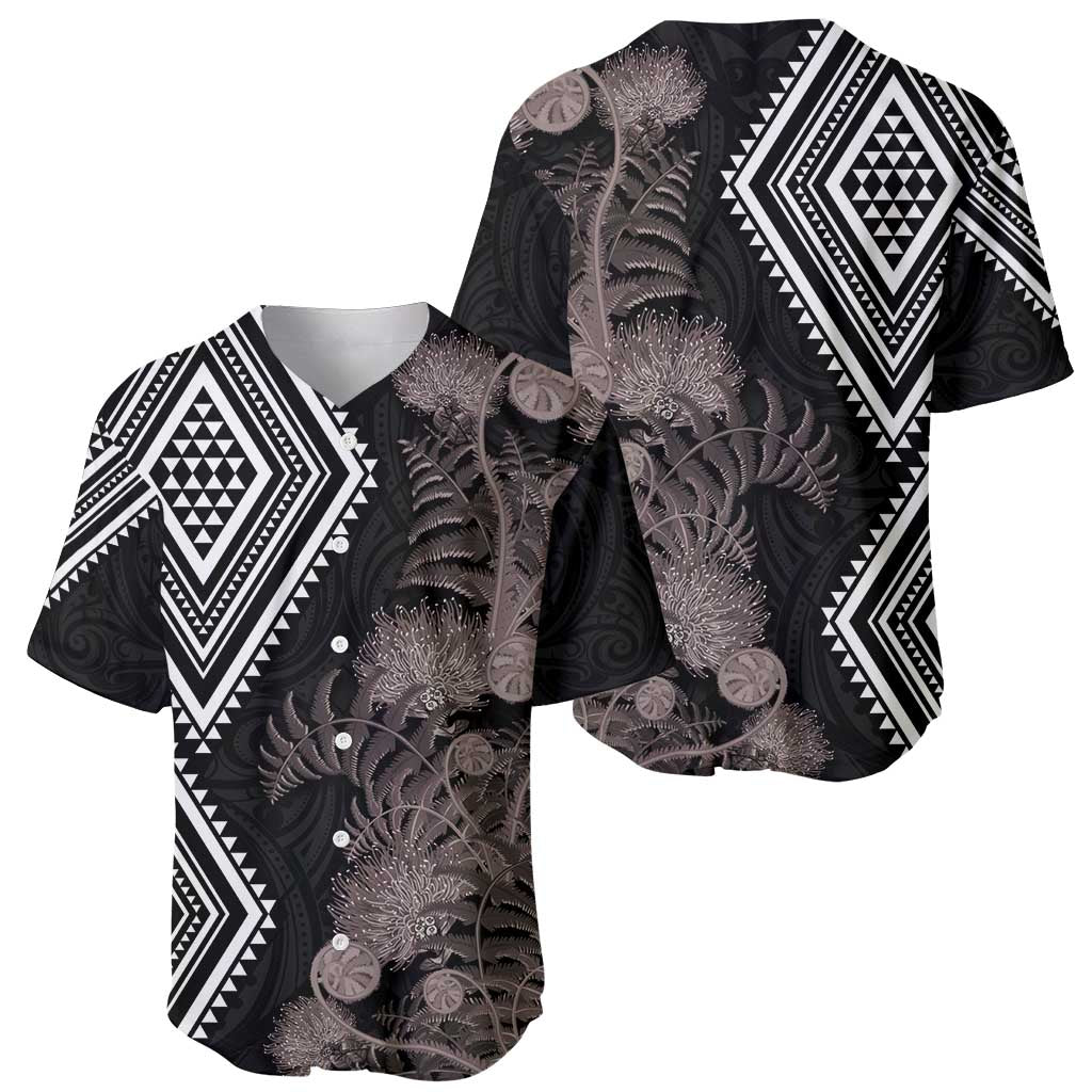 Aotearoa Tukutuku Motif Baseball Jersey Pohutukawa and Fern Leaves Grayscale Color