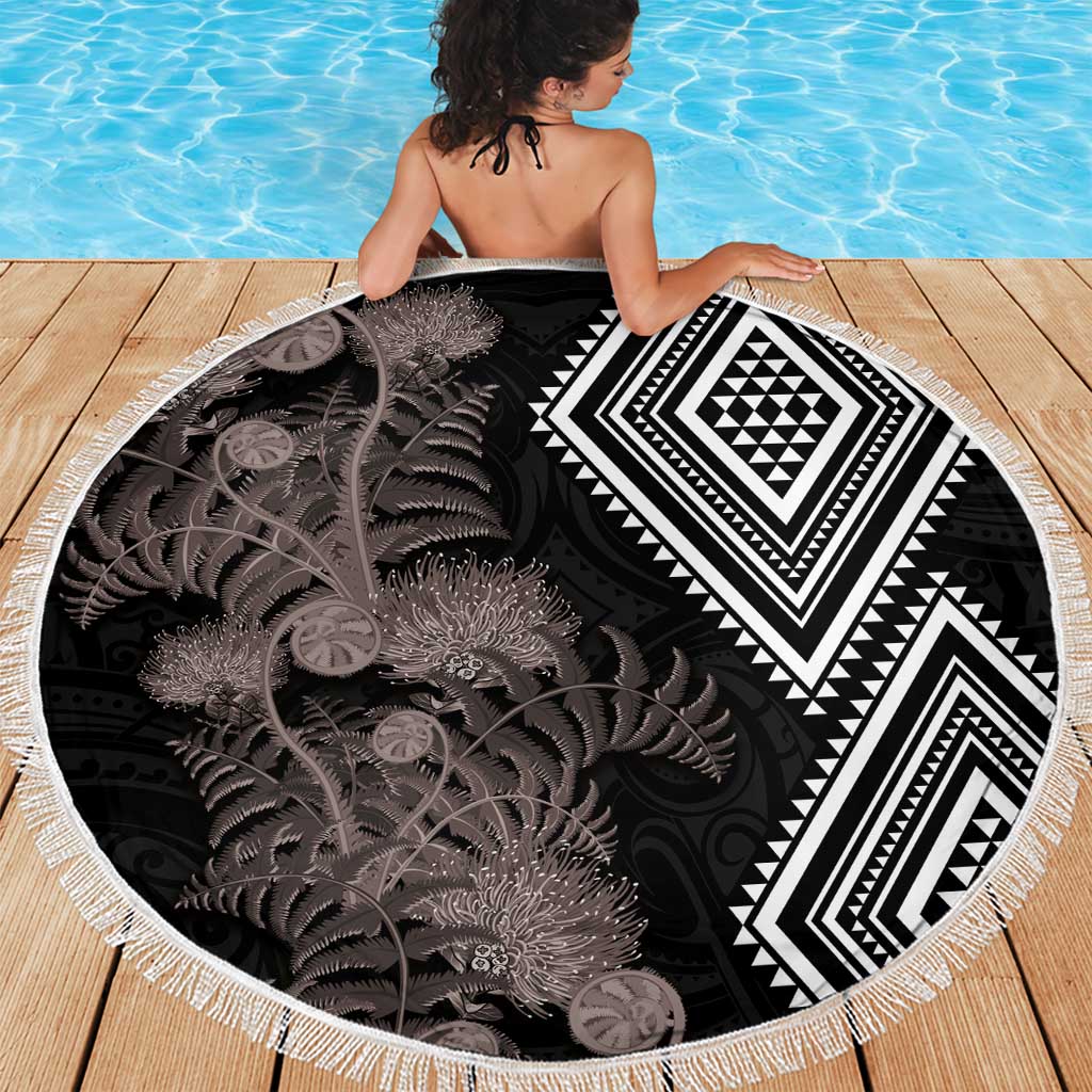 Aotearoa Tukutuku Motif Beach Blanket Pohutukawa and Fern Leaves Grayscale Color