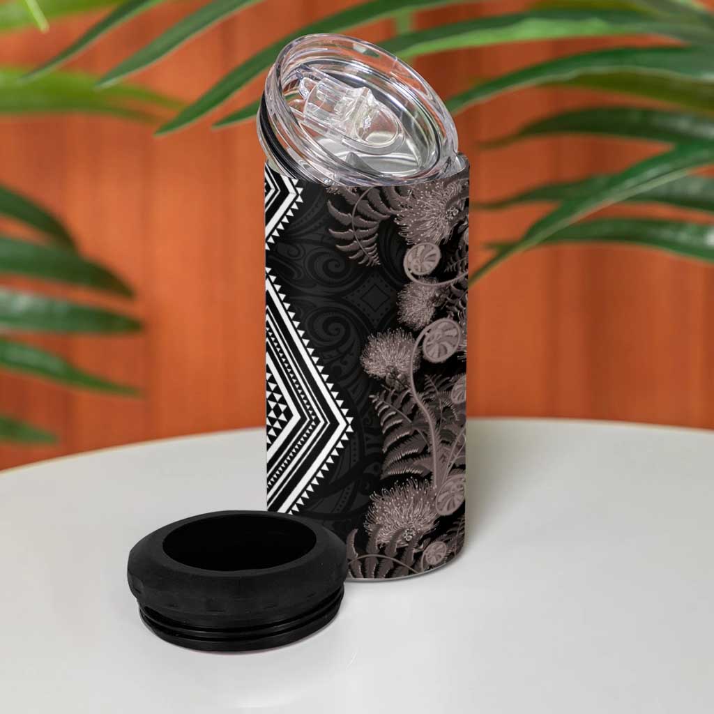 Aotearoa Tukutuku Motif 4 in 1 Can Cooler Tumbler Pohutukawa and Fern Leaves Grayscale Color LT03 - Polynesian Pride