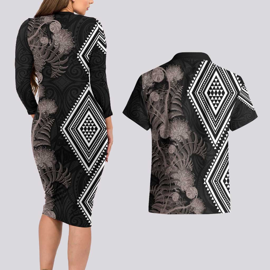 Aotearoa Tukutuku Motif Couples Matching Long Sleeve Bodycon Dress and Hawaiian Shirt Pohutukawa and Fern Leaves Grayscale Color LT03 - Polynesian Pride