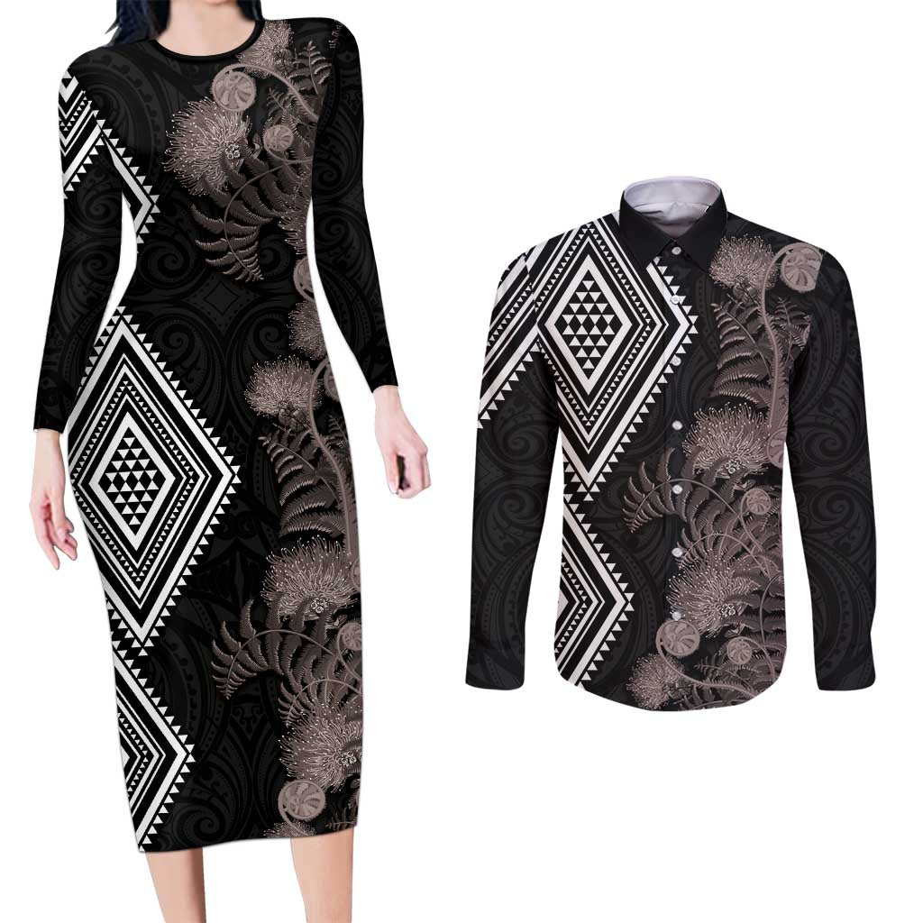 Aotearoa Tukutuku Motif Couples Matching Long Sleeve Bodycon Dress and Long Sleeve Button Shirt Pohutukawa and Fern Leaves Grayscale Color LT03 Black - Polynesian Pride
