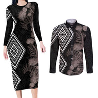Aotearoa Tukutuku Motif Couples Matching Long Sleeve Bodycon Dress and Long Sleeve Button Shirt Pohutukawa and Fern Leaves Grayscale Color LT03 Black - Polynesian Pride