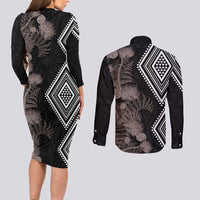 Aotearoa Tukutuku Motif Couples Matching Long Sleeve Bodycon Dress and Long Sleeve Button Shirt Pohutukawa and Fern Leaves Grayscale Color LT03 - Polynesian Pride
