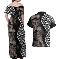 Aotearoa Tukutuku Motif Couples Matching Off Shoulder Maxi Dress and Hawaiian Shirt Pohutukawa and Fern Leaves Grayscale Color LT03 - Polynesian Pride