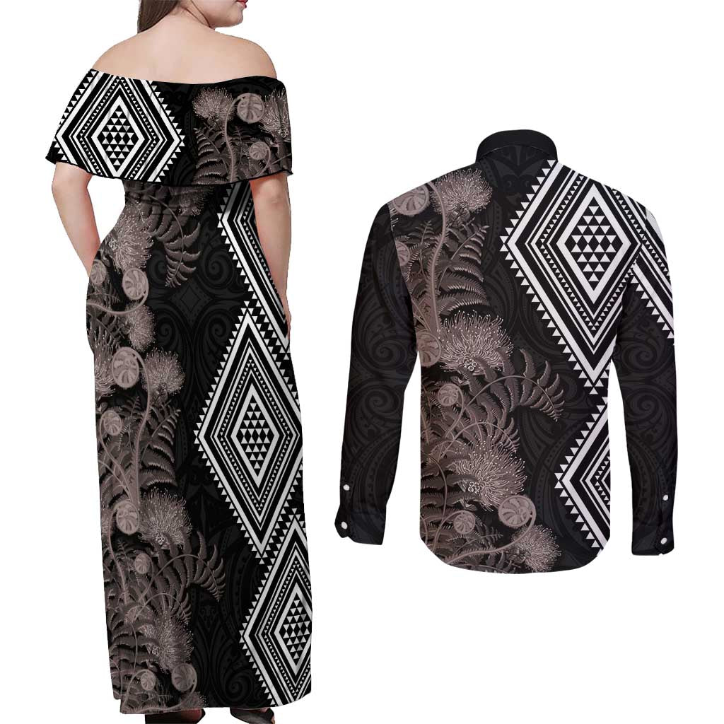 Aotearoa Tukutuku Motif Couples Matching Off Shoulder Maxi Dress and Long Sleeve Button Shirt Pohutukawa and Fern Leaves Grayscale Color LT03 - Polynesian Pride