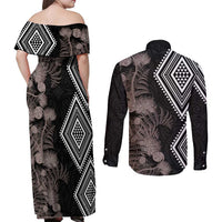 Aotearoa Tukutuku Motif Couples Matching Off Shoulder Maxi Dress and Long Sleeve Button Shirt Pohutukawa and Fern Leaves Grayscale Color LT03 - Polynesian Pride