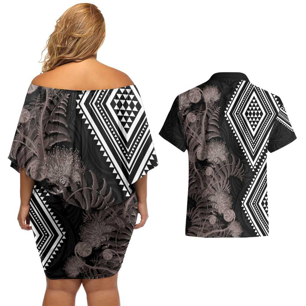Aotearoa Tukutuku Motif Couples Matching Off Shoulder Short Dress and Hawaiian Shirt Pohutukawa and Fern Leaves Grayscale Color LT03 - Polynesian Pride