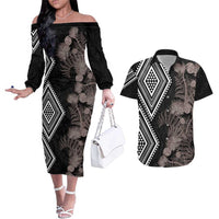 Aotearoa Tukutuku Motif Couples Matching Off The Shoulder Long Sleeve Dress and Hawaiian Shirt Pohutukawa and Fern Leaves Grayscale Color LT03 Black - Polynesian Pride