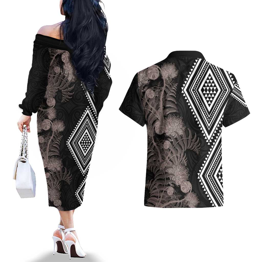 Aotearoa Tukutuku Motif Couples Matching Off The Shoulder Long Sleeve Dress and Hawaiian Shirt Pohutukawa and Fern Leaves Grayscale Color LT03 - Polynesian Pride