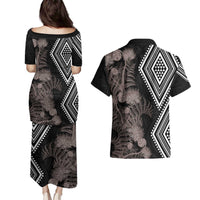 Aotearoa Tukutuku Motif Couples Matching Puletasi and Hawaiian Shirt Pohutukawa and Fern Leaves Grayscale Color LT03 - Polynesian Pride