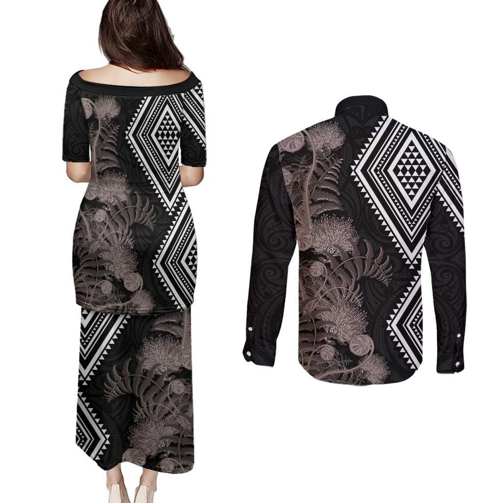 Aotearoa Tukutuku Motif Couples Matching Puletasi and Long Sleeve Button Shirt Pohutukawa and Fern Leaves Grayscale Color LT03 - Polynesian Pride