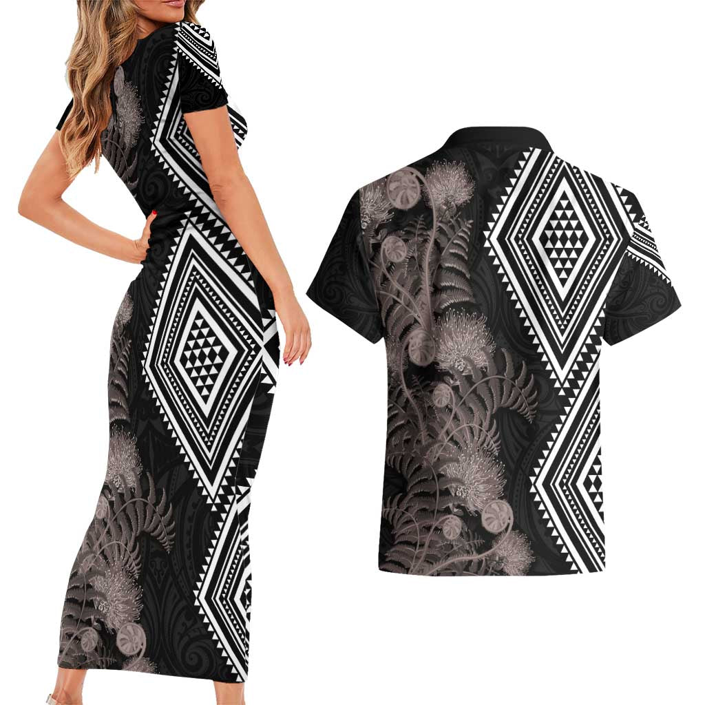 Aotearoa Tukutuku Motif Couples Matching Short Sleeve Bodycon Dress and Hawaiian Shirt Pohutukawa and Fern Leaves Grayscale Color LT03 - Polynesian Pride