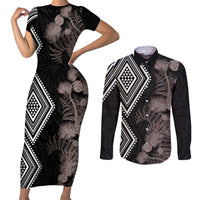Aotearoa Tukutuku Motif Couples Matching Short Sleeve Bodycon Dress and Long Sleeve Button Shirt Pohutukawa and Fern Leaves Grayscale Color LT03 Black - Polynesian Pride