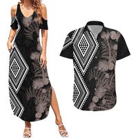 Aotearoa Tukutuku Motif Couples Matching Summer Maxi Dress and Hawaiian Shirt Pohutukawa and Fern Leaves Grayscale Color LT03 Black - Polynesian Pride