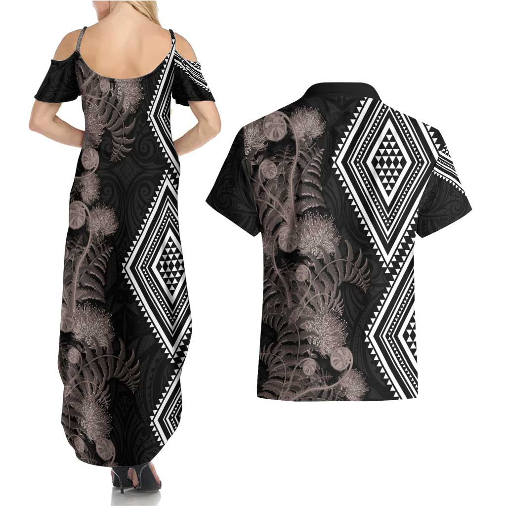 Aotearoa Tukutuku Motif Couples Matching Summer Maxi Dress and Hawaiian Shirt Pohutukawa and Fern Leaves Grayscale Color LT03 - Polynesian Pride