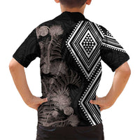 Aotearoa Tukutuku Motif Family Matching Off Shoulder Maxi Dress and Hawaiian Shirt Pohutukawa and Fern Leaves Grayscale Color LT03 - Polynesian Pride