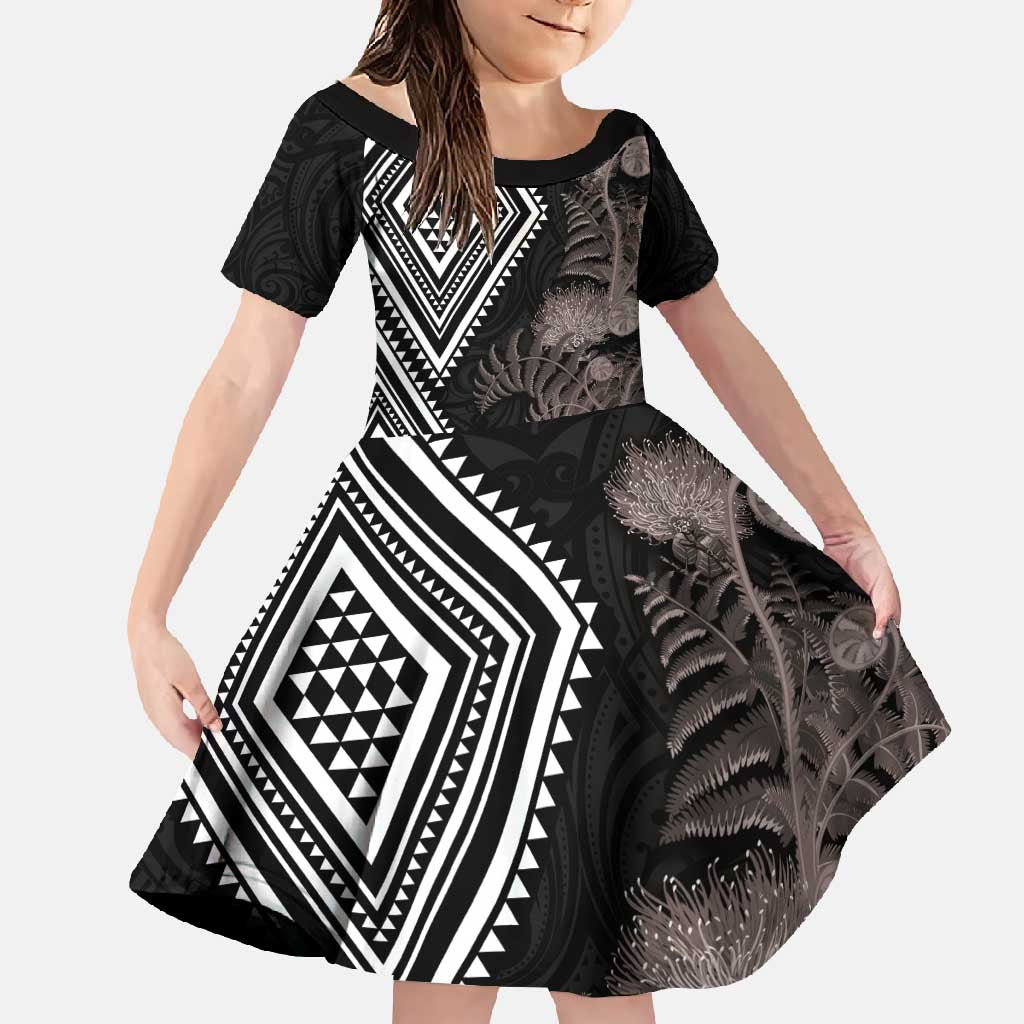 Aotearoa Tukutuku Motif Family Matching Off Shoulder Maxi Dress and Hawaiian Shirt Pohutukawa and Fern Leaves Grayscale Color LT03 Daughter's Dress Black - Polynesian Pride