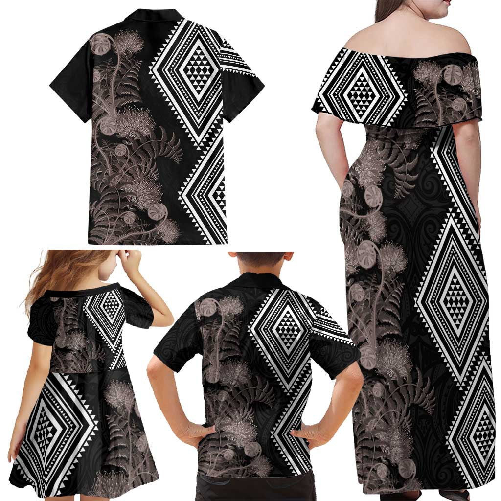 Aotearoa Tukutuku Motif Family Matching Off Shoulder Maxi Dress and Hawaiian Shirt Pohutukawa and Fern Leaves Grayscale Color LT03 - Polynesian Pride