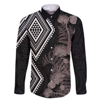 Aotearoa Tukutuku Motif Family Matching Off Shoulder Maxi Dress and Hawaiian Shirt Pohutukawa and Fern Leaves Grayscale Color LT03 Dad's Shirt - Long Sleeve Black - Polynesian Pride