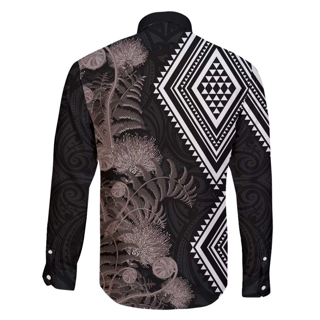Aotearoa Tukutuku Motif Family Matching Off Shoulder Maxi Dress and Hawaiian Shirt Pohutukawa and Fern Leaves Grayscale Color LT03 - Polynesian Pride