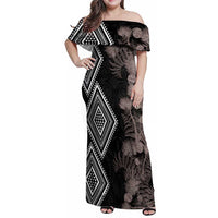 Aotearoa Tukutuku Motif Family Matching Off Shoulder Maxi Dress and Hawaiian Shirt Pohutukawa and Fern Leaves Grayscale Color LT03 Mom's Dress Black - Polynesian Pride