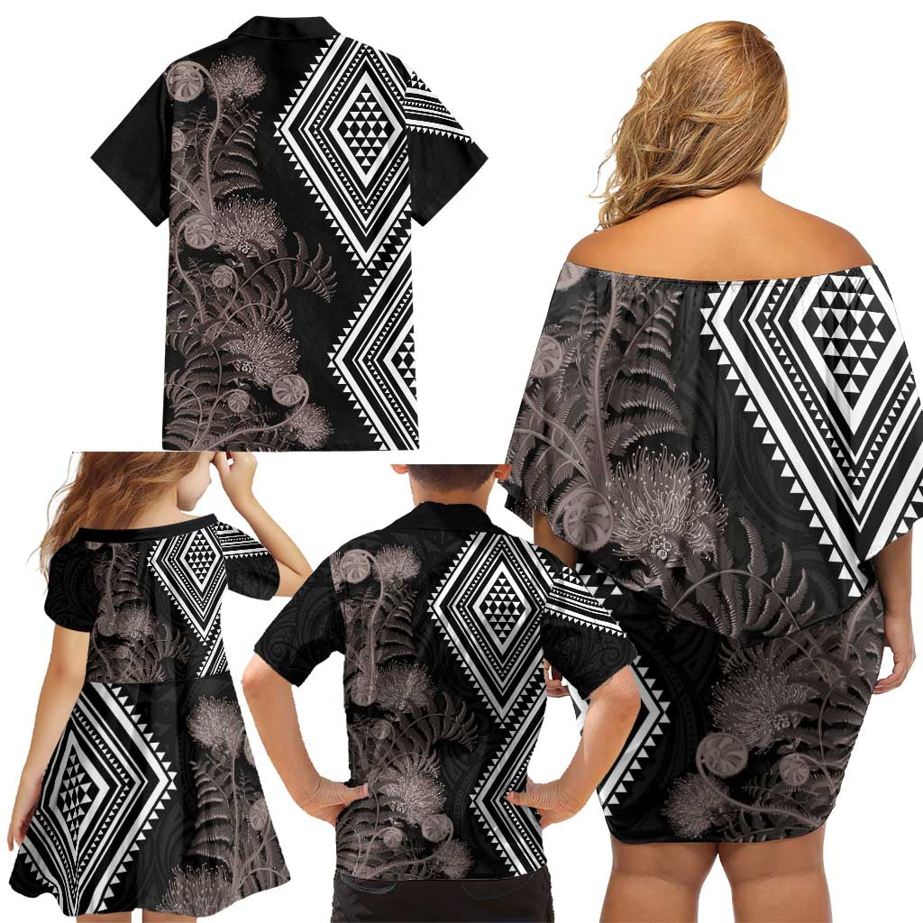 Aotearoa Tukutuku Motif Family Matching Off Shoulder Short Dress and Hawaiian Shirt Pohutukawa and Fern Leaves Grayscale Color LT03 - Polynesian Pride